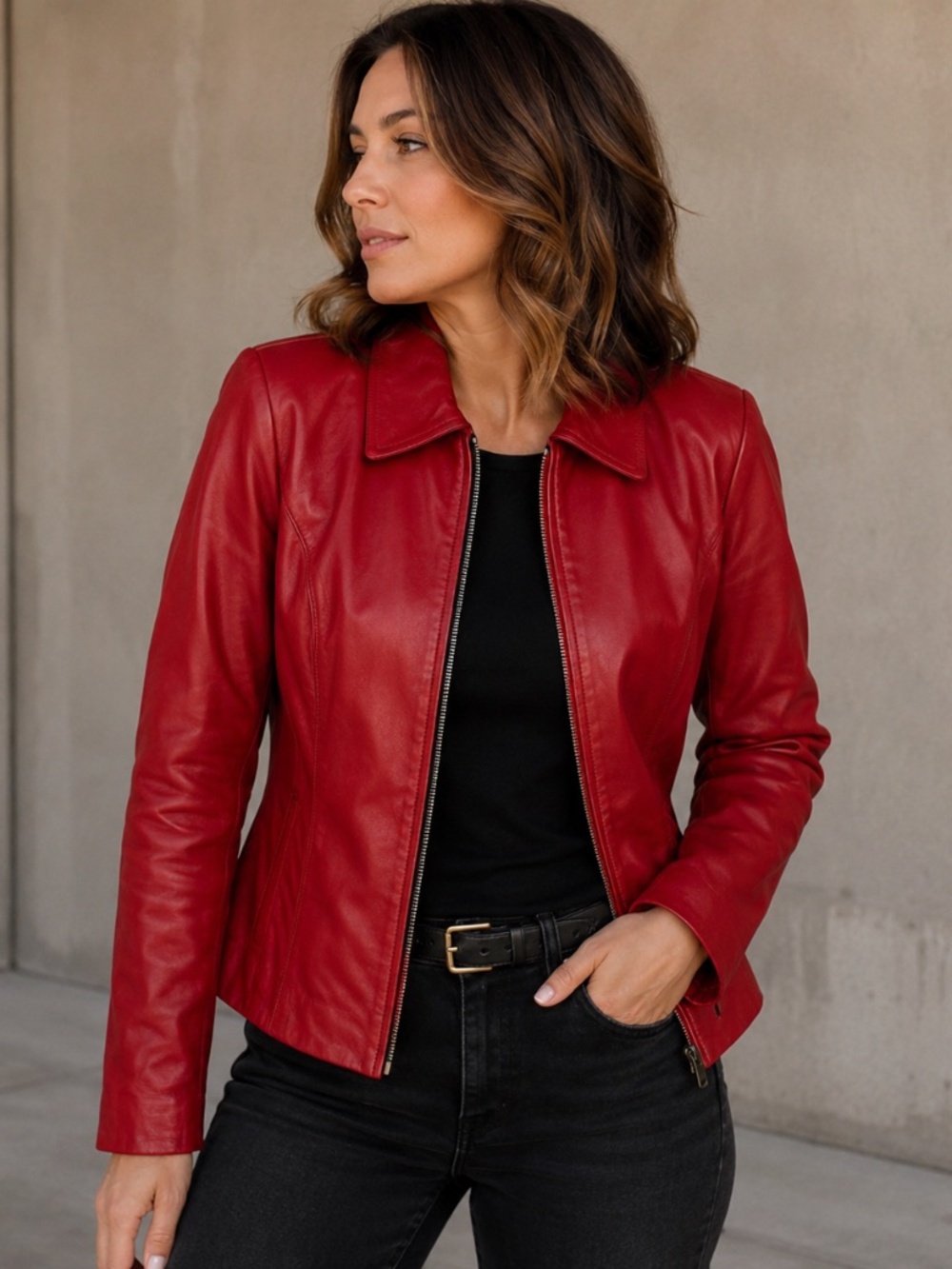 ColeBrook Womenβs Tomato Red Leather Moto Jacket Pockets M Rocker Chic Biker Y2K